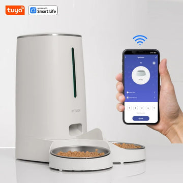 Smart WiFi Automatic Cat Feeder 4L – Dispenser de Ração com APP, Duas Tigelas de Aço Inoxidável, Alarmes de Baixa Ração e Alimentação Programada para 2 Gatos