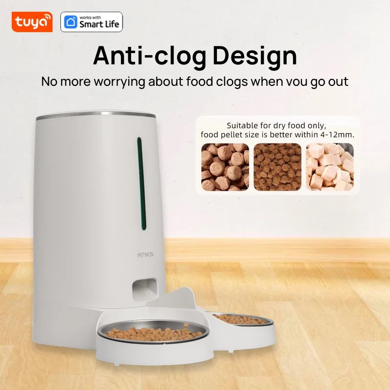 Smart WiFi Automatic Cat Feeder 4L – Dispenser de Ração com APP, Duas Tigelas de Aço Inoxidável, Alarmes de Baixa Ração e Alimentação Programada para 2 Gatos