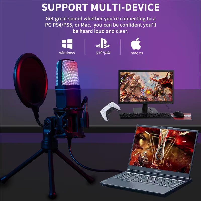 Microfone USB Condensador RGB – Gaming, Podcast, Streaming, Gravação para PC, Laptop e Desktop