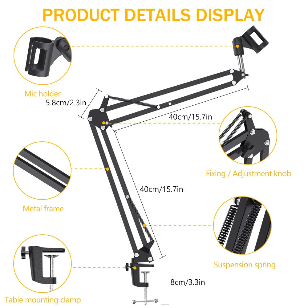 Suporte de Microfone Suspensão Boom Arm – Scissor Arm Stand Ajustável para Podcast, Streaming e YouTube