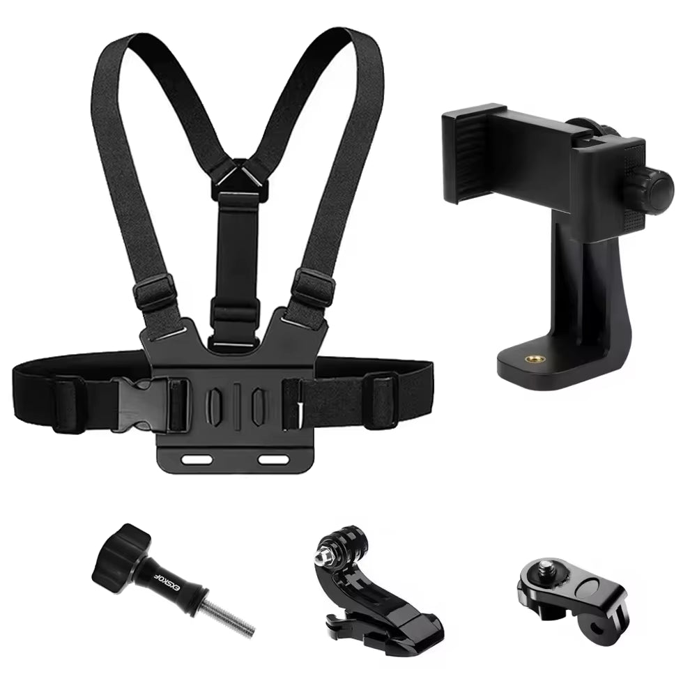 🎥 Kit Completo de Acessórios para Câmera de Ação – Suporte de Cabeça, Peito e Montagens Ajustáveis (Compatível com GoPro, Insta360, Osmo, SJCAM, AKASO e Smartphones)