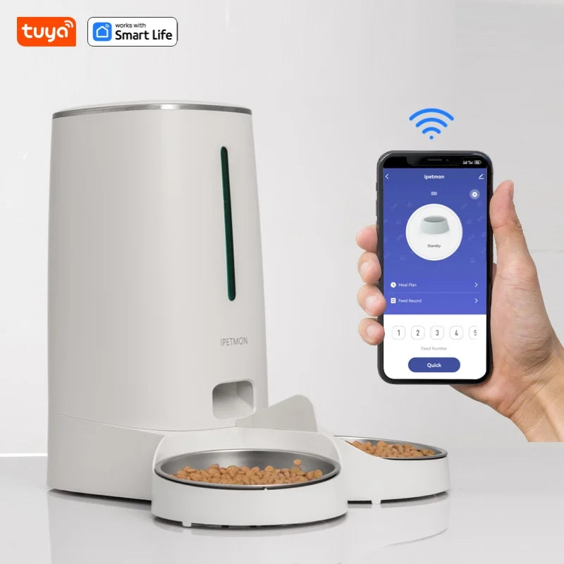 Smart WiFi Automatic Cat Feeder 4L – Dispenser de Ração com APP, Duas Tigelas de Aço Inoxidável, Alarmes de Baixa Ração e Alimentação Programada para 2 Gatos