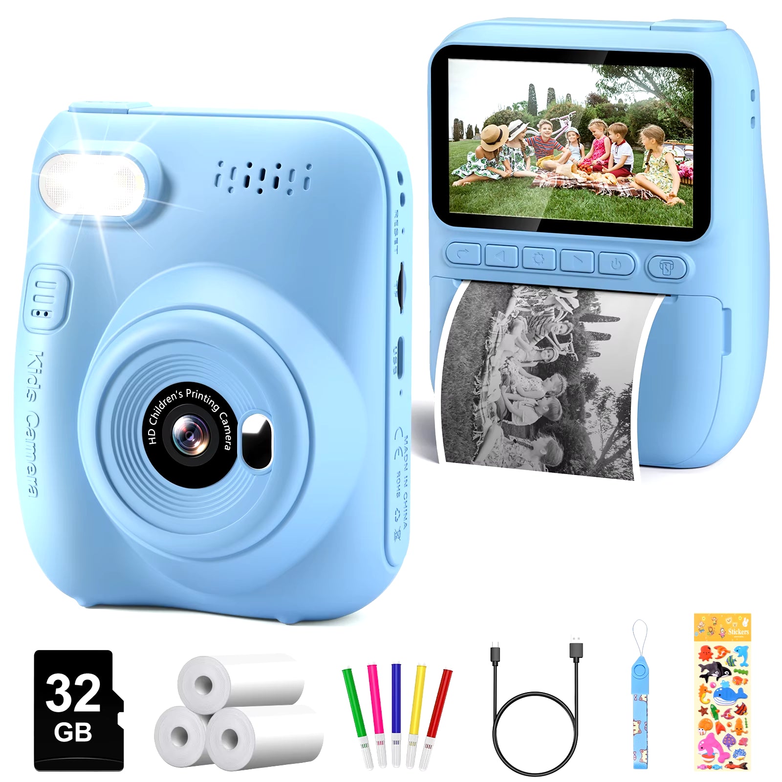 📸 Instant Print Camera para Crianças – Câmera Digital 32MP HD, Vídeo 1080P, Tela 3.0", Impressão Instantânea + 3 Rolos de Papel