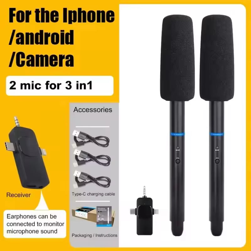 Microfone Sem Fio 3 em 1 para Entrevistas – Handheld Wireless para Smartphone, Câmera e Gravação Profissional