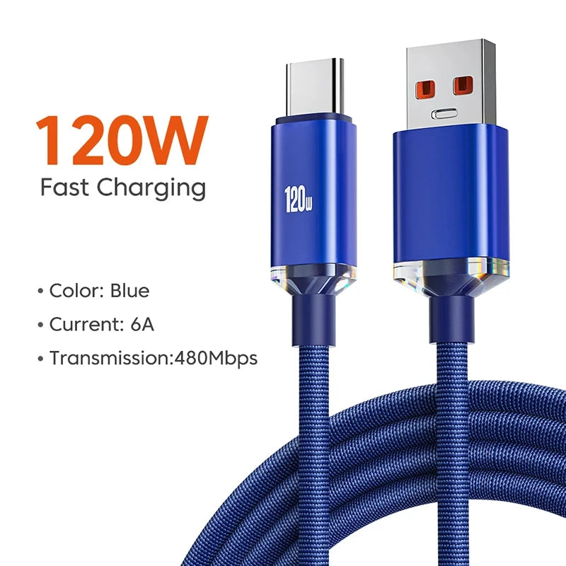 Cabo USB-C 120W / 6A – Super Fast Charging para Samsung, Realme, Xiaomi, Huawei