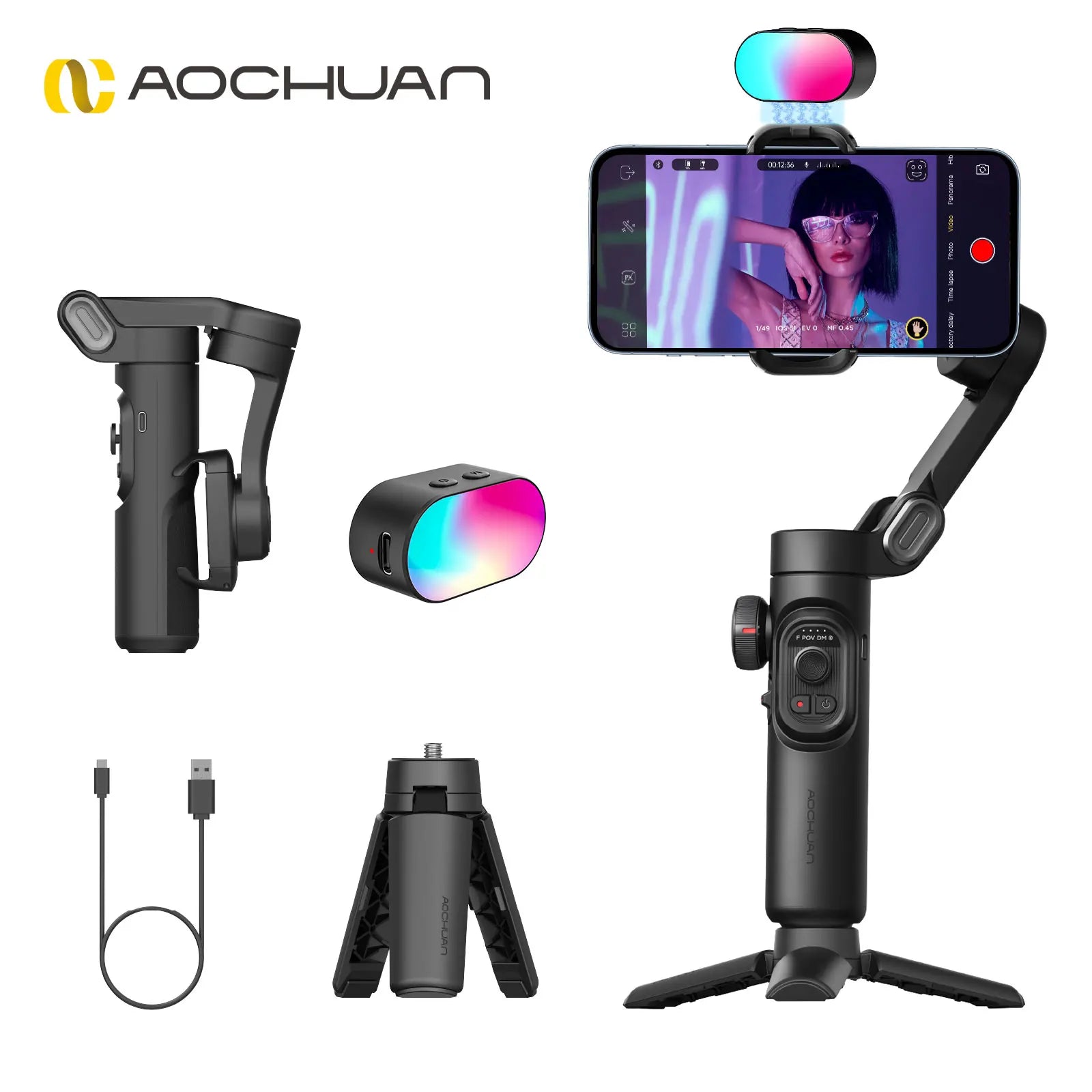 Smart XE Gimbal Estabilizador 3 Eixos 📱🎥 – Dobrável com Luz Magnética para Gravação de Vídeos Profissionais no iPhone e Android