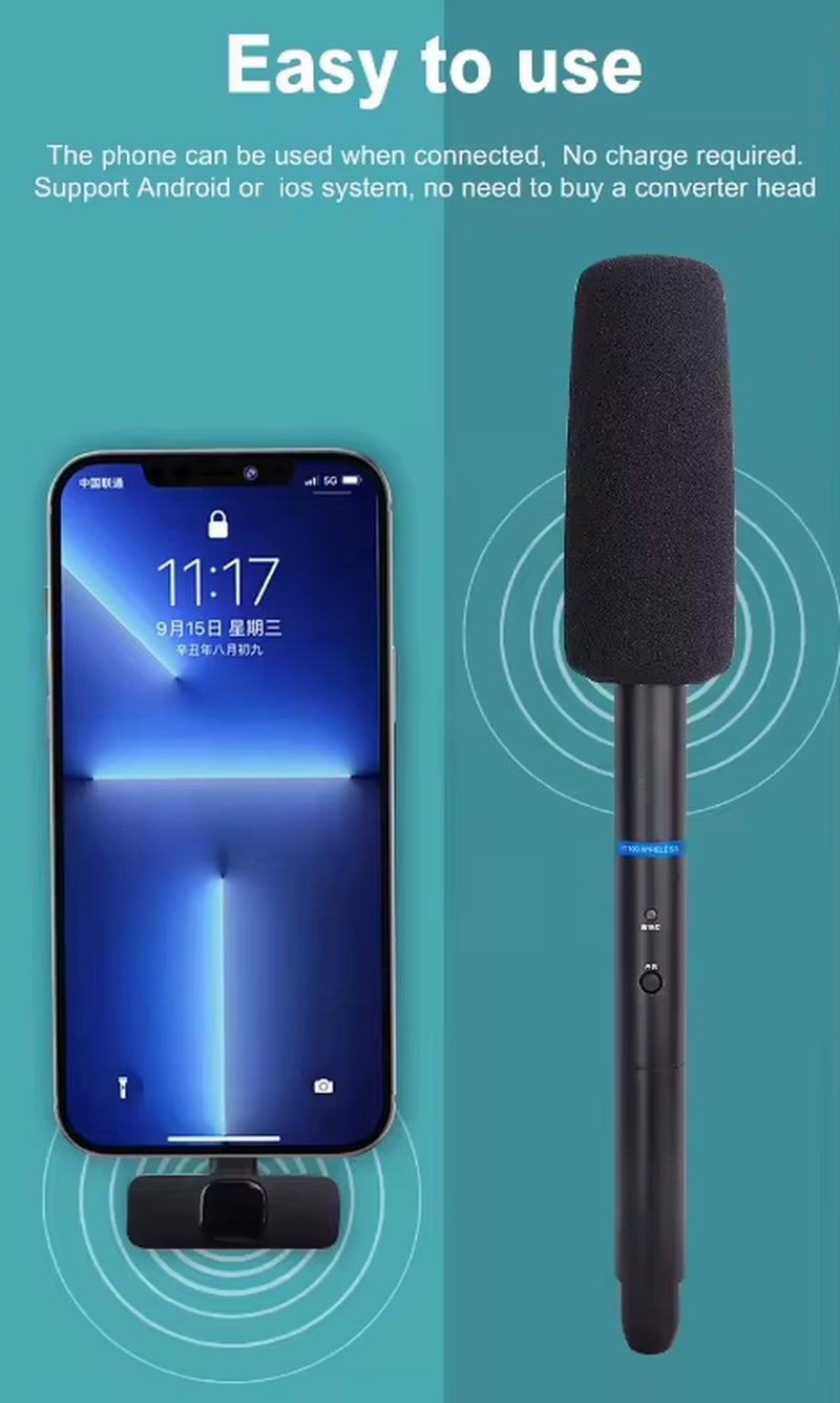 Microfone Sem Fio 3 em 1 para Entrevistas – Handheld Wireless para Smartphone, Câmera e Gravação Profissional