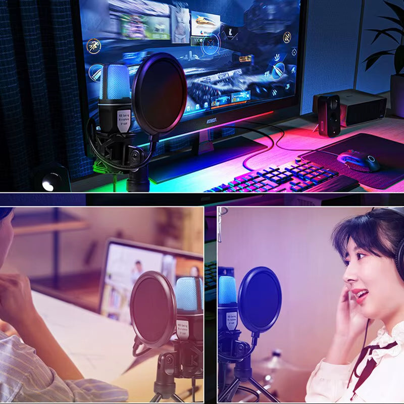 Microfone USB Condensador RGB – Gaming, Podcast, Streaming, Gravação para PC, Laptop e Desktop