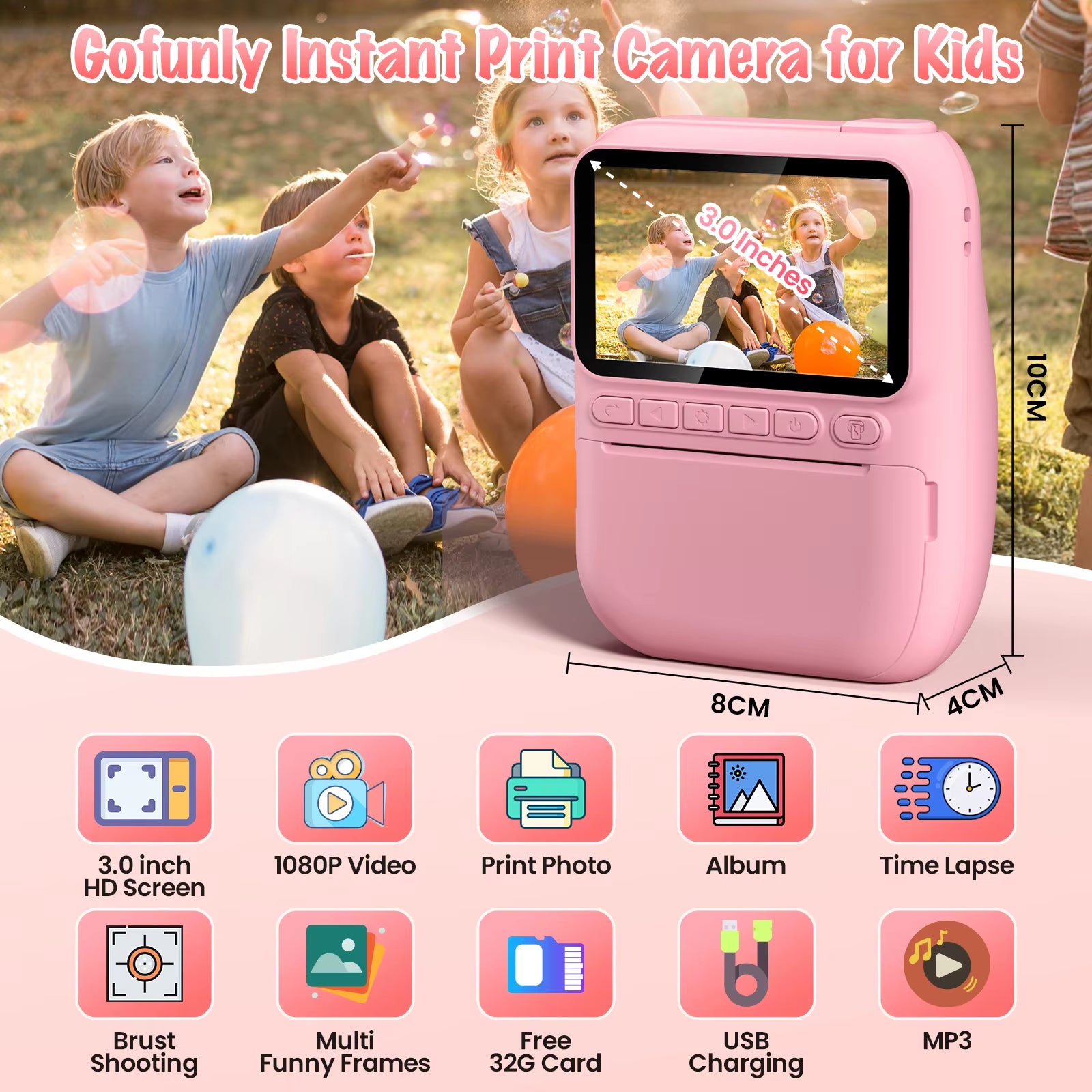 📸 Instant Print Camera para Crianças – Câmera Digital 32MP HD, Vídeo 1080P, Tela 3.0", Impressão Instantânea + 3 Rolos de Papel