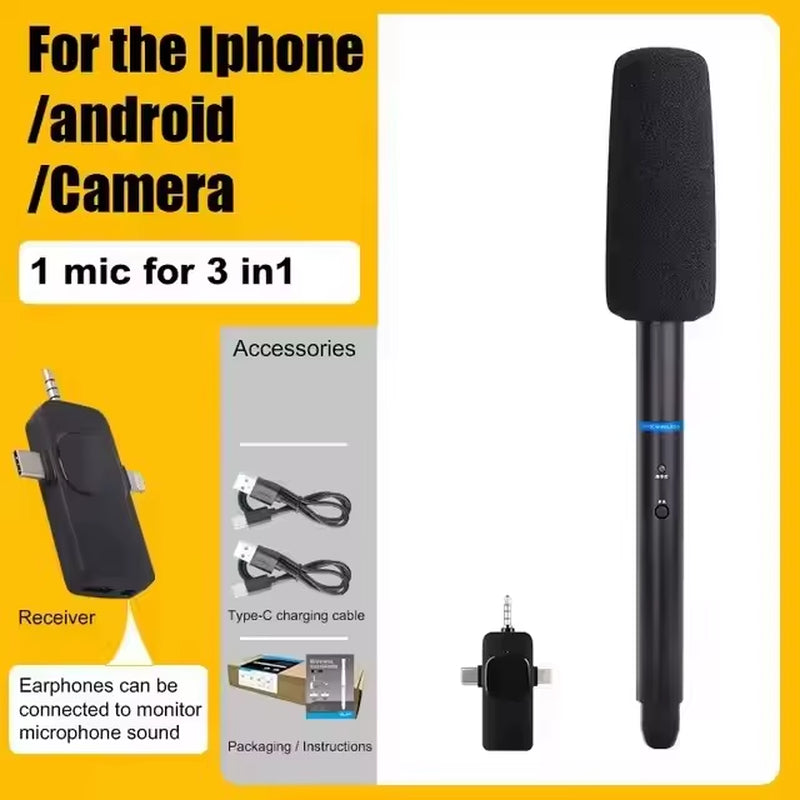 Microfone Sem Fio 3 em 1 para Entrevistas – Handheld Wireless para Smartphone, Câmera e Gravação Profissional