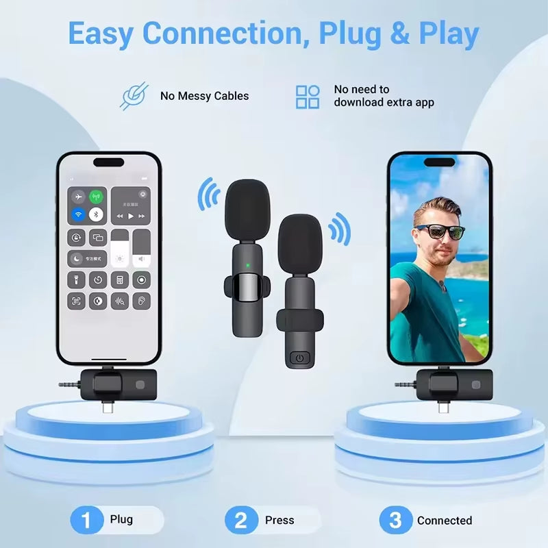 Mini Lavalier Microfone Portátil – Lapela Wireless para iPhone, iPad, Android, Type-C e Gravação de Vídeo