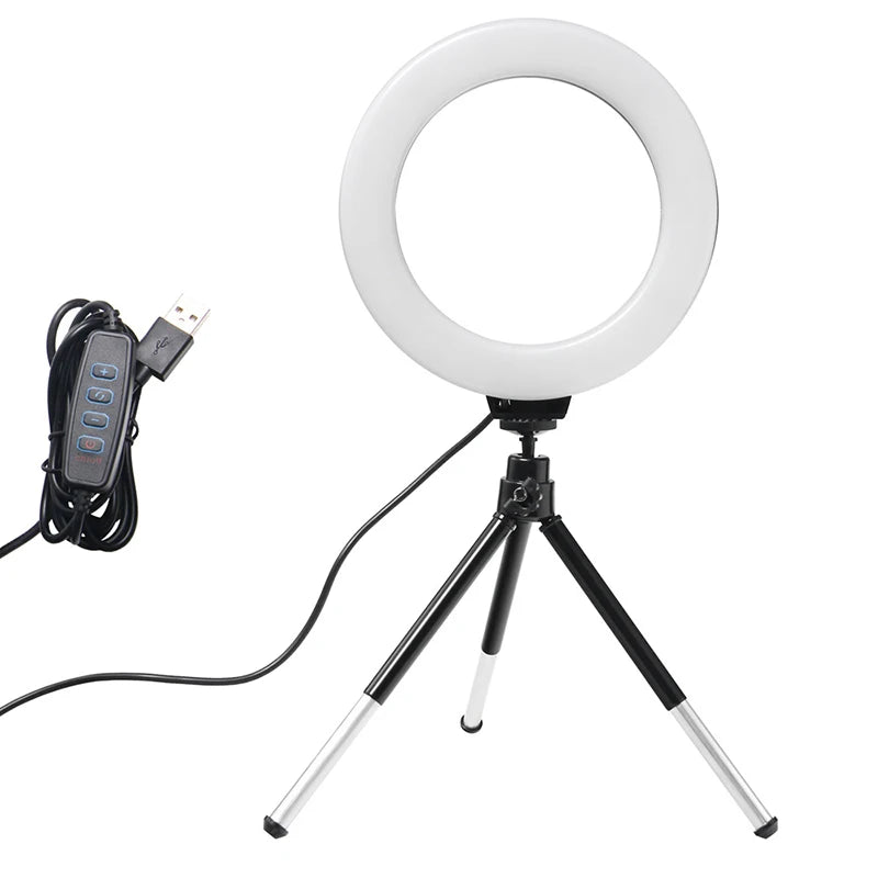 Ring Light LED 6” com Tripé 📸✨ – Iluminação Brilhante para Selfies, Vídeos, Lives, Maquiagem e Fotografia Profissional