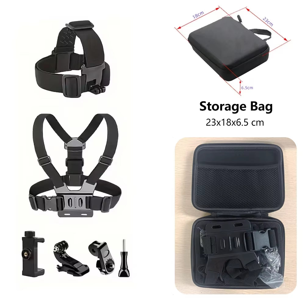 🎥 Kit Completo de Acessórios para Câmera de Ação – Suporte de Cabeça, Peito e Montagens Ajustáveis (Compatível com GoPro, Insta360, Osmo, SJCAM, AKASO e Smartphones)
