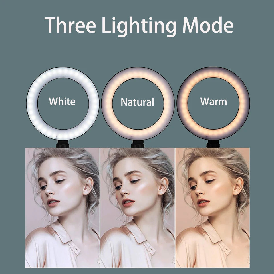 Ring Light LED 6” com Tripé 📸✨ – Iluminação Brilhante para Selfies, Vídeos, Lives, Maquiagem e Fotografia Profissional