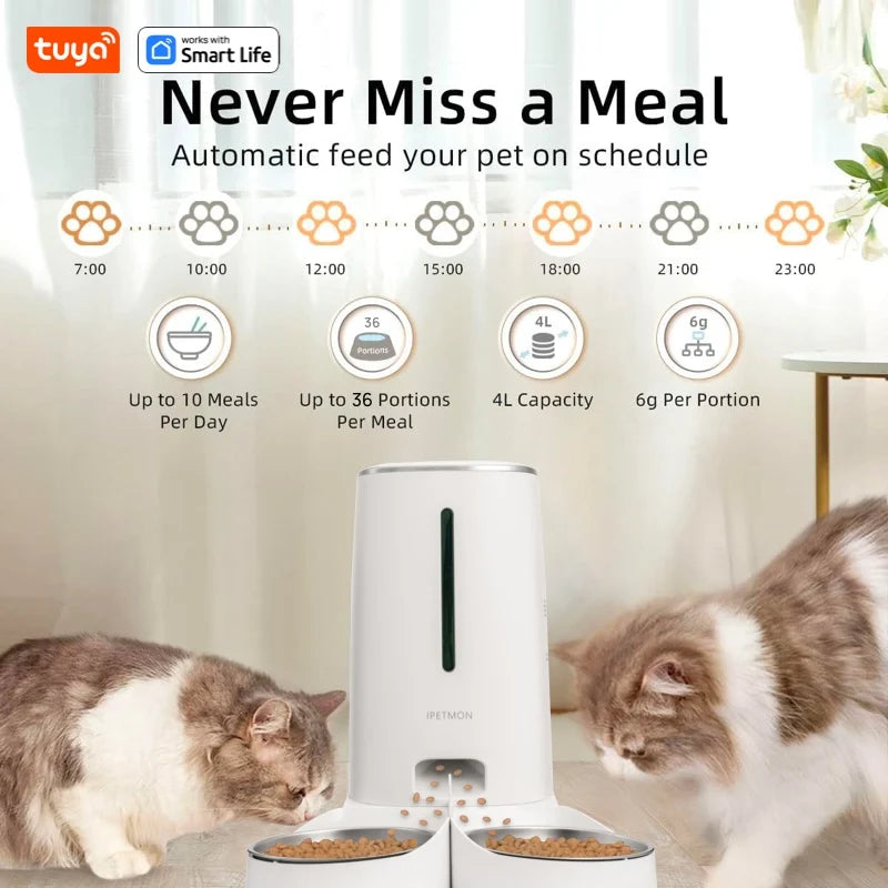 Smart WiFi Automatic Cat Feeder 4L – Dispenser de Ração com APP, Duas Tigelas de Aço Inoxidável, Alarmes de Baixa Ração e Alimentação Programada para 2 Gatos