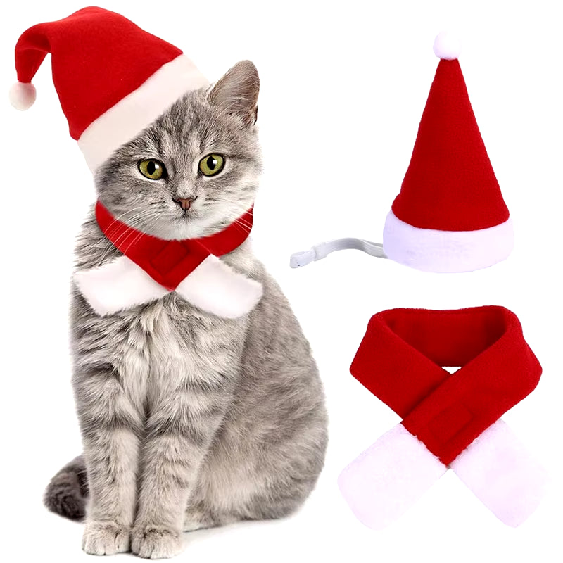 Fantasia de Natal para Pets – Chapéu de Papai Noel e Cachecol Vermelho Ajustável | Look Natalino Fofo para Cães e Gatos
