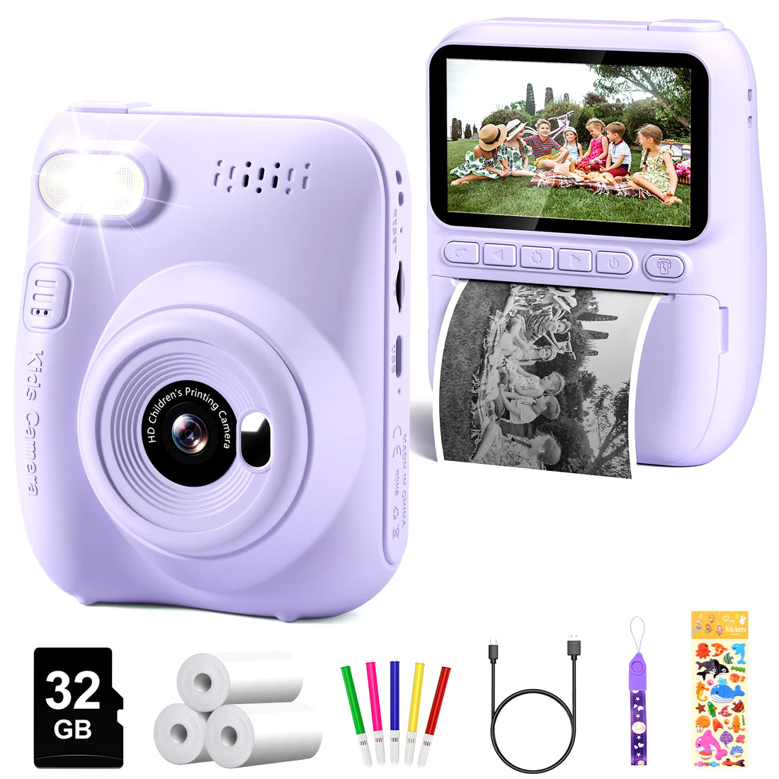 📸 Instant Print Camera para Crianças – Câmera Digital 32MP HD, Vídeo 1080P, Tela 3.0", Impressão Instantânea + 3 Rolos de Papel