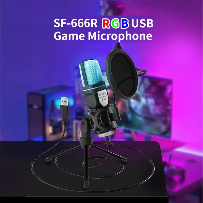 Microfone USB Condensador RGB – Gaming, Podcast, Streaming, Gravação para PC, Laptop e Desktop