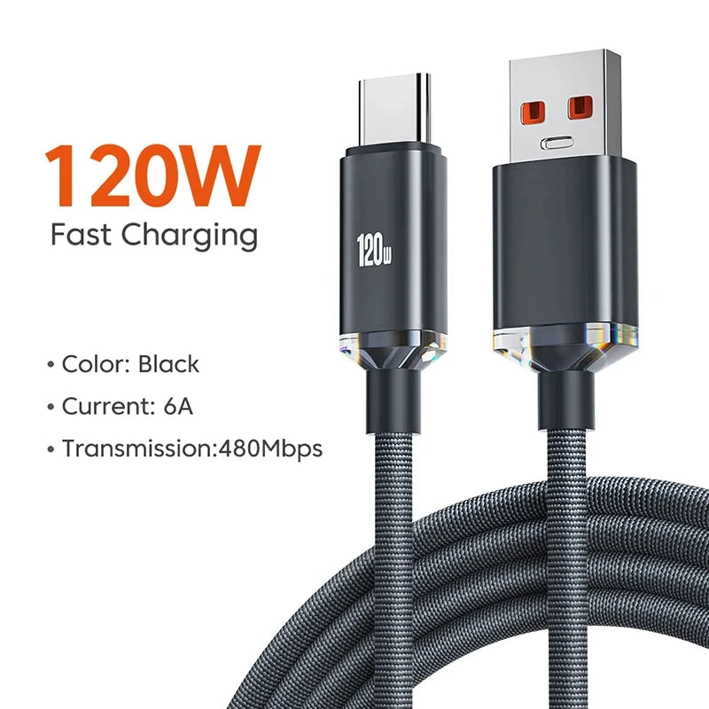 Cabo USB-C 120W / 6A – Super Fast Charging para Samsung, Realme, Xiaomi, Huawei