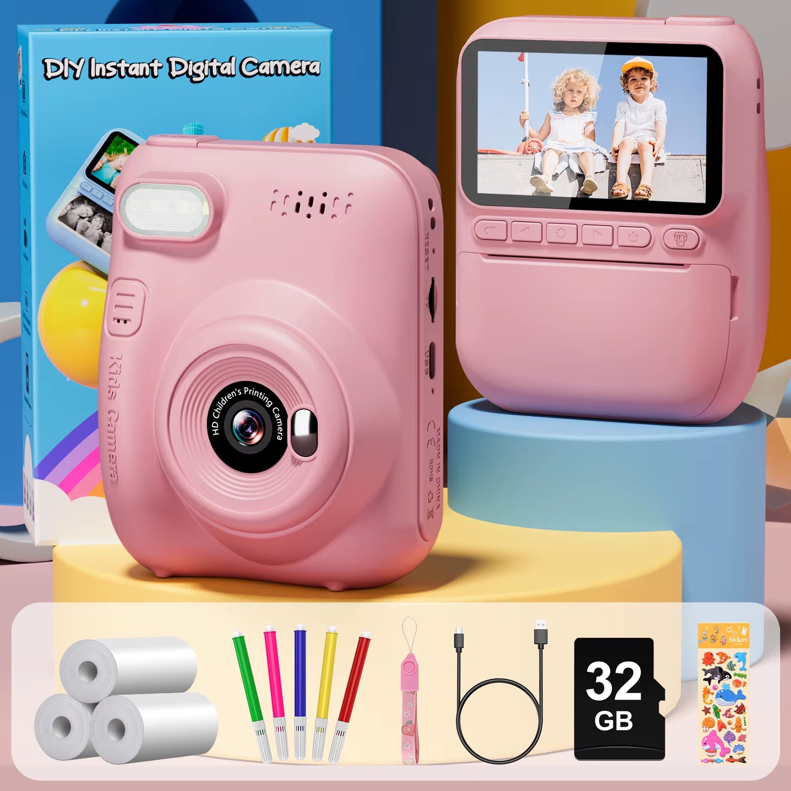 📸 Instant Print Camera para Crianças – Câmera Digital 32MP HD, Vídeo 1080P, Tela 3.0", Impressão Instantânea + 3 Rolos de Papel