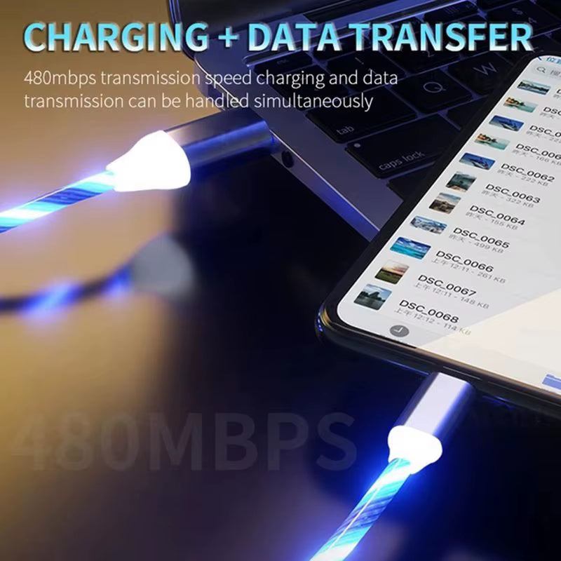 Cabo USB-C 3A com Luz LED – Carregamento Rápido e Transferência de Dados para Samsung, Huawei