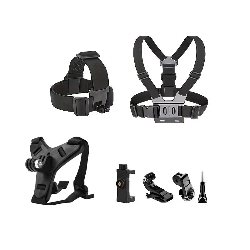 🎥 Kit Completo de Acessórios para Câmera de Ação – Suporte de Cabeça, Peito e Montagens Ajustáveis (Compatível com GoPro, Insta360, Osmo, SJCAM, AKASO e Smartphones)