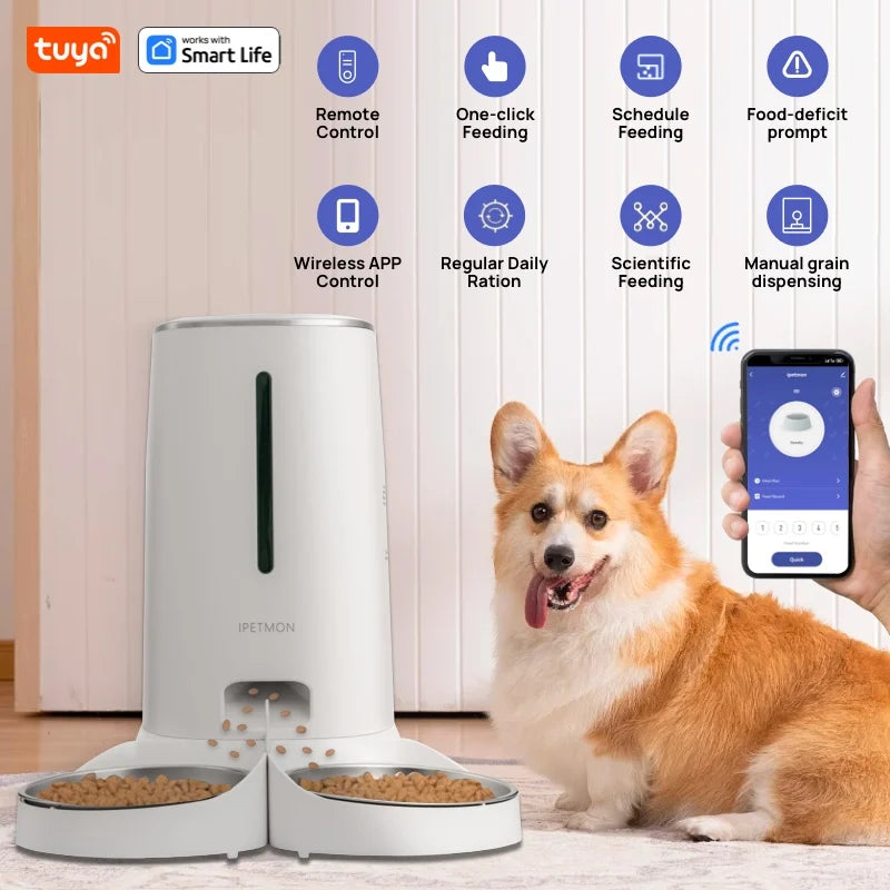Smart WiFi Automatic Cat Feeder 4L – Dispenser de Ração com APP, Duas Tigelas de Aço Inoxidável, Alarmes de Baixa Ração e Alimentação Programada para 2 Gatos