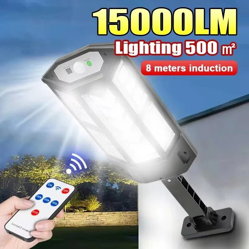 🌞 Luminária Solar Externa 15000LM – Sensor de Movimento, IP65 à Prova d’Água, Iluminação para Jardim, Rua e Parede até 500㎡