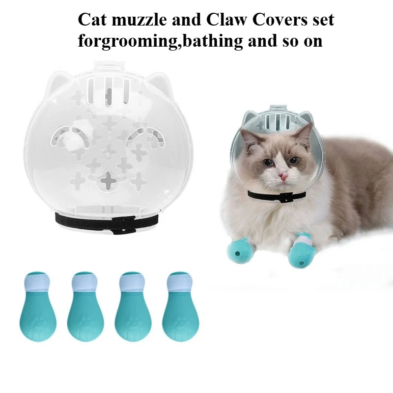 Kit Anti-Mordida e Anti-Lambedura para Gatos – Capacete Respirável com Botinhas de Silicone