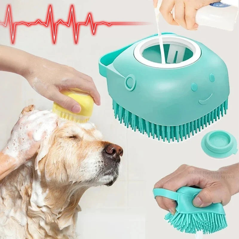 Escova de Banho para Pets com Dispensador de Shampoo – Massagem e Limpeza para Cães e Gatos