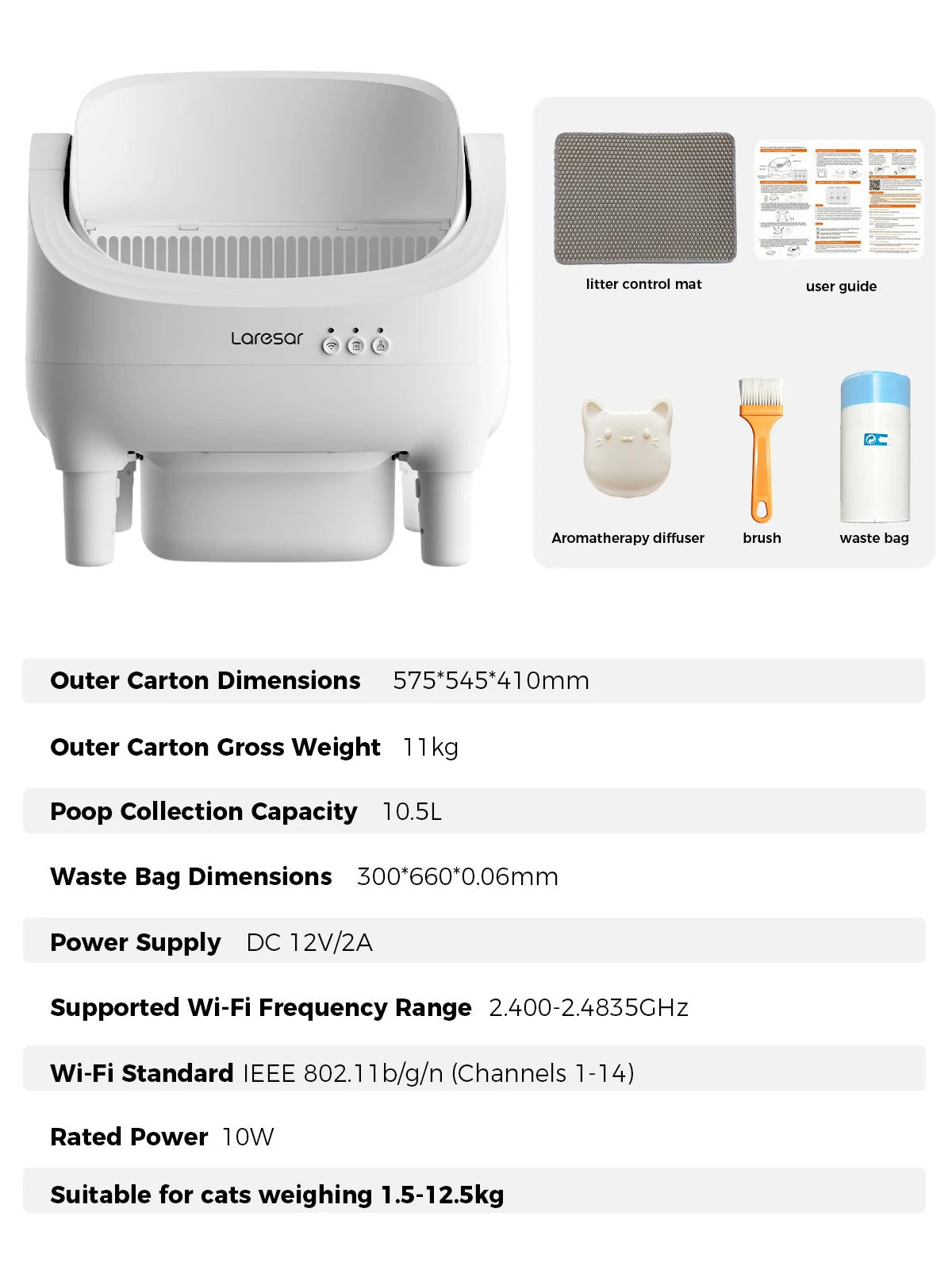 Caixa de Areia Inteligente Automática para Gatos LARESAR 10,5L – Autolimpante com App, Sensores Infravermelho e Controle Remoto