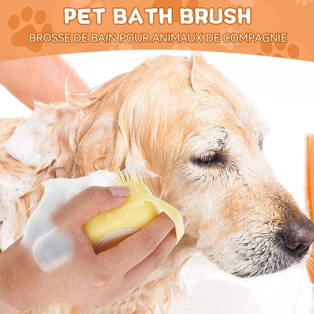 Escova de Banho para Pets com Dispensador de Shampoo – Massagem e Limpeza para Cães e Gatos