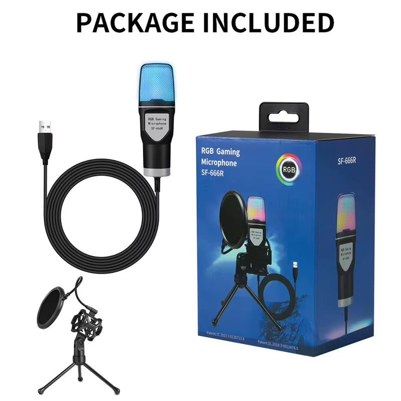Microfone USB Condensador RGB – Gaming, Podcast, Streaming, Gravação para PC, Laptop e Desktop