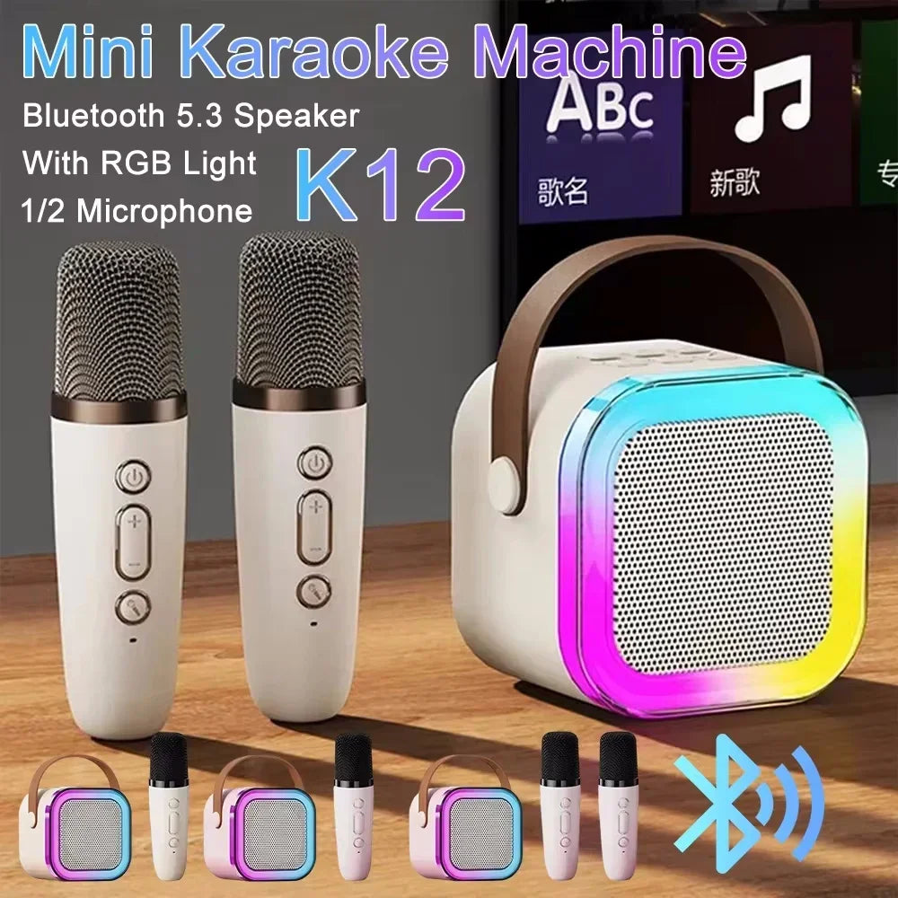 K12 Microfone Karaoke Bluetooth com RGB Luz – Duplo, 5W Subwoofer, Caixa de Som Portátil para Crianças e Festa em Família