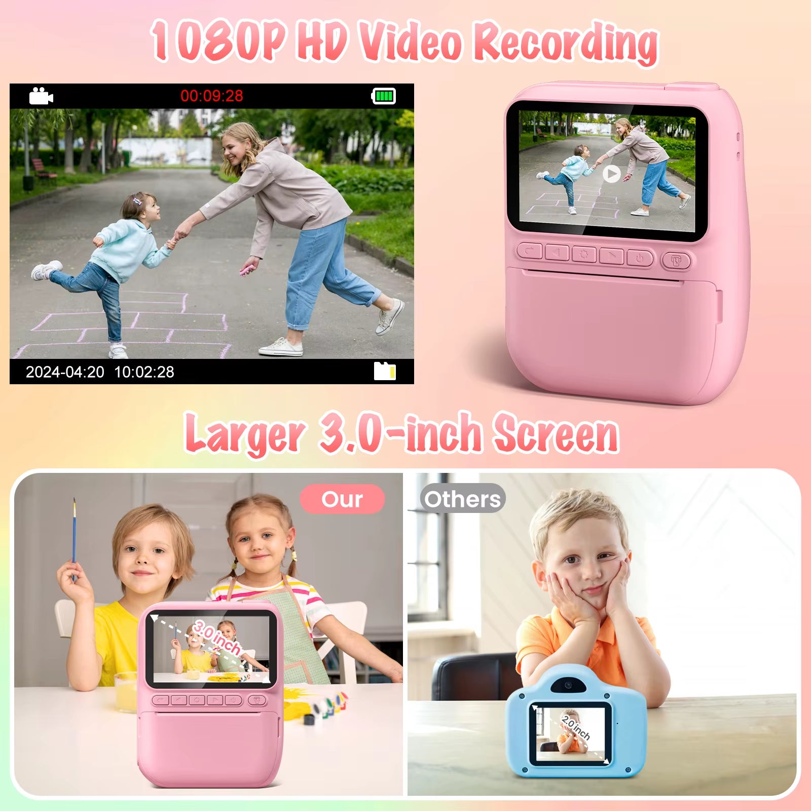 📸 Instant Print Camera para Crianças – Câmera Digital 32MP HD, Vídeo 1080P, Tela 3.0", Impressão Instantânea + 3 Rolos de Papel