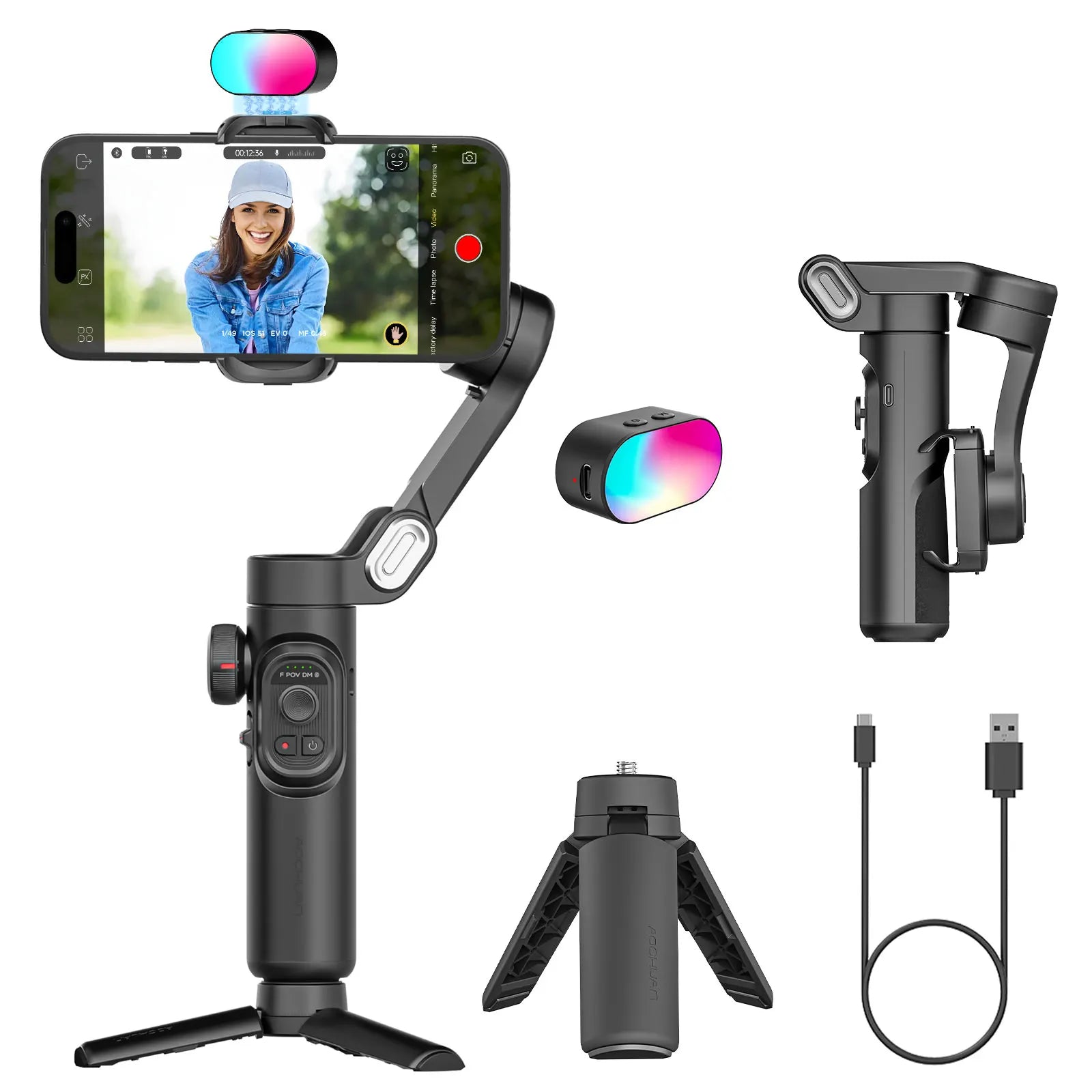 Smart XE Gimbal Estabilizador 3 Eixos 📱🎥 – Dobrável com Luz Magnética para Gravação de Vídeos Profissionais no iPhone e Android