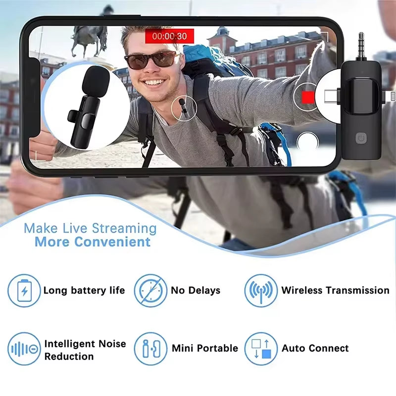 Mini Lavalier Microfone Portátil – Lapela Wireless para iPhone, iPad, Android, Type-C e Gravação de Vídeo
