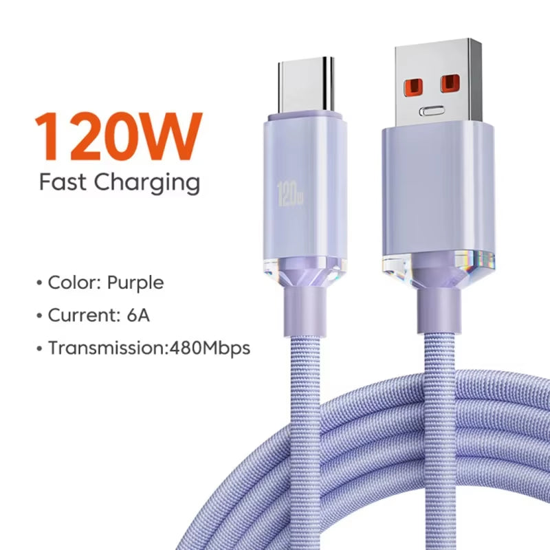 Cabo USB-C 120W / 6A – Super Fast Charging para Samsung, Realme, Xiaomi, Huawei