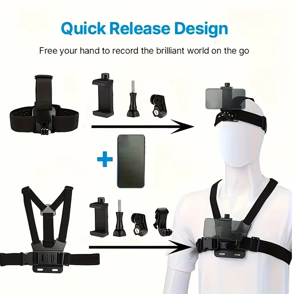 🎥 Kit Completo de Acessórios para Câmera de Ação – Suporte de Cabeça, Peito e Montagens Ajustáveis (Compatível com GoPro, Insta360, Osmo, SJCAM, AKASO e Smartphones)