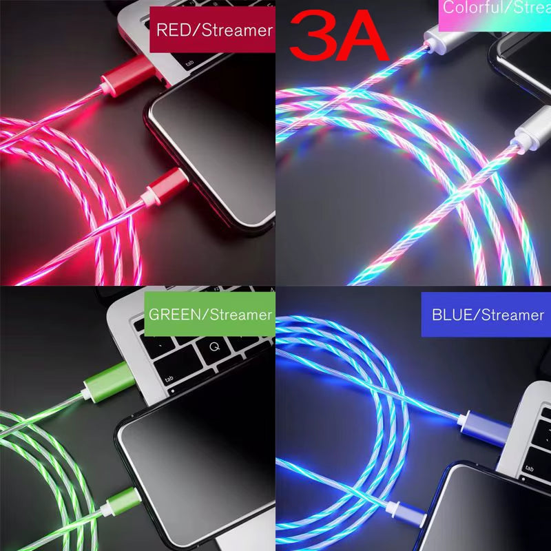 Cabo USB-C 3A com Luz LED – Carregamento Rápido e Transferência de Dados para Samsung, Huawei